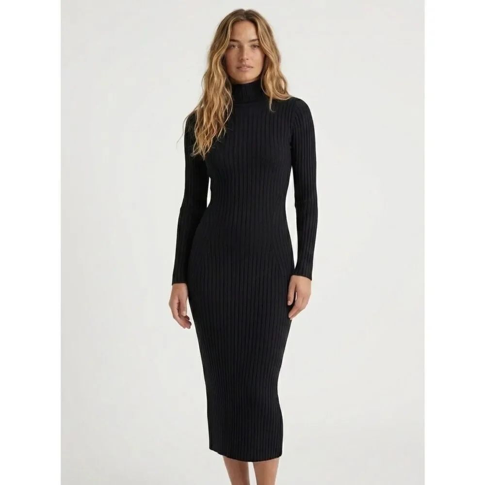 Olive & Oak Minimalist Black Long Ribbed Knit Bodycon Dress Medium Rayon Blend